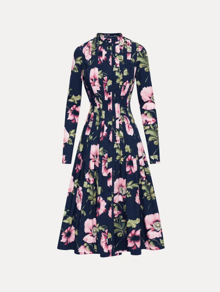 Women Oscar De La Renta Dresses Poppy Cotton Poplin Midi Dress Navy Pink