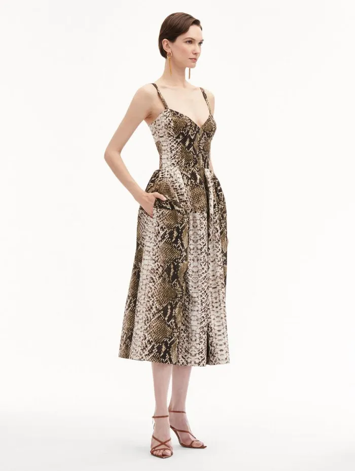 Women Oscar De La Renta Dresses Snake Cotton Poplin Dress Olive Women Oscar De La Renta Dresses Snake Cotton Poplin Dress Olive