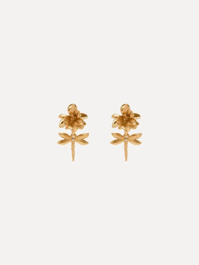 Women Oscar De La Renta Earrings Dragonfly Flower ClipOn Earrings Gold