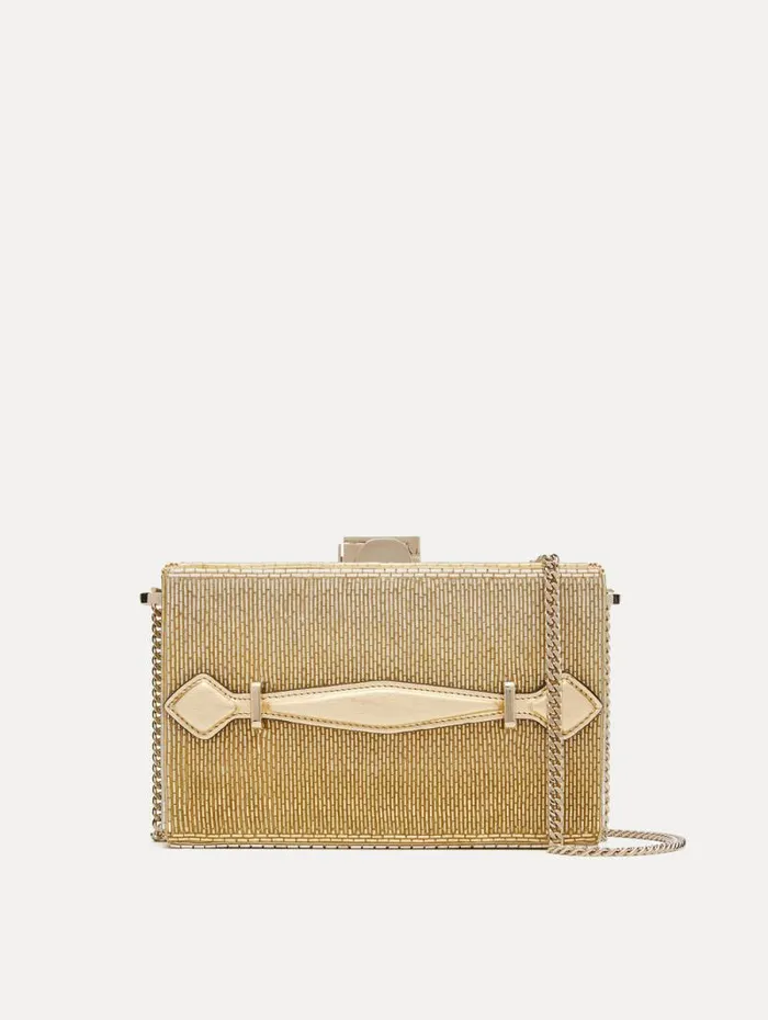 Women Oscar De La Renta Handbags Bugle Bead Embroidered Alibi Minaudiere Champagne