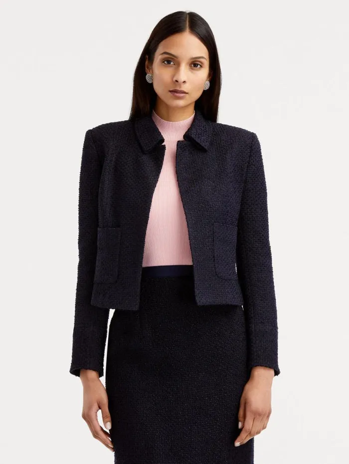 Women Oscar De La Renta Jackets and Coats Boucle Tweed Jacket Dark Navy