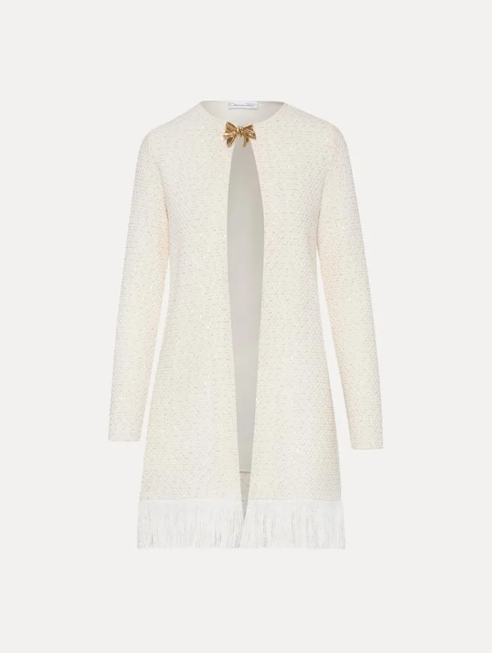 Women Oscar De La Renta Jackets and Coats Bow Button Sequin Tweed Coat Ivory Gold Women Oscar De La Renta Jackets and Coats Bow Button Sequin Tweed Coat Ivory Gold