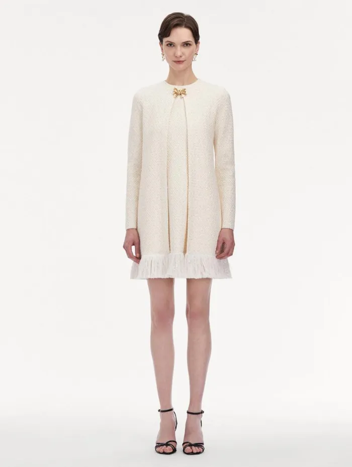 Women Oscar De La Renta Jackets and Coats Bow Button Sequin Tweed Coat Ivory Gold