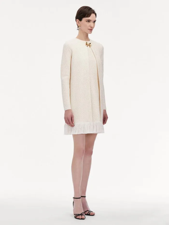 Women Oscar De La Renta Jackets and Coats Bow Button Sequin Tweed Coat Ivory Gold