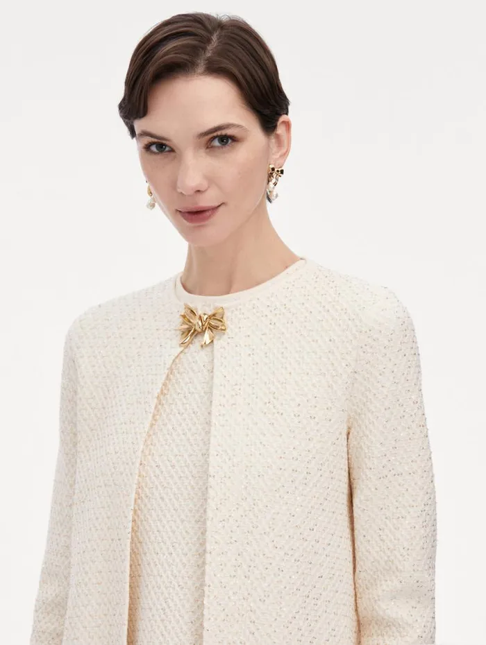 Women Oscar De La Renta Jackets and Coats Bow Button Sequin Tweed Coat Ivory Gold