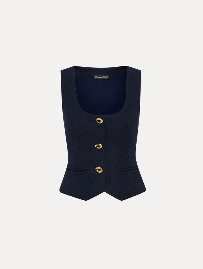 Women Oscar De La Renta Jackets and Coats O Button Cotton Tweed Vest Navy