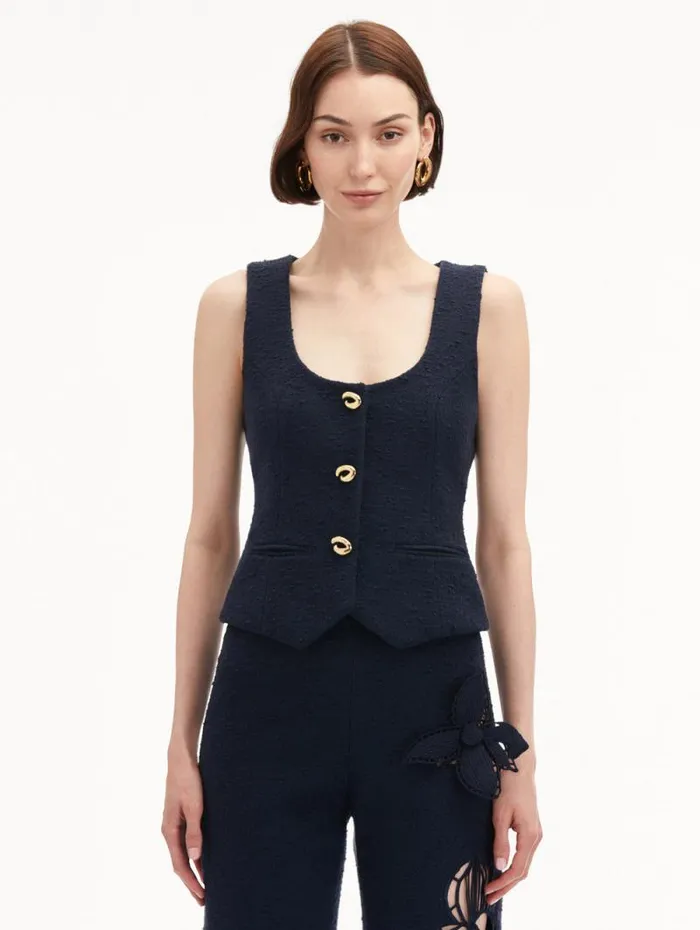 Women Oscar De La Renta Jackets and Coats O Button Cotton Tweed Vest Navy Women Oscar De La Renta Jackets and Coats O Button Cotton Tweed Vest Navy