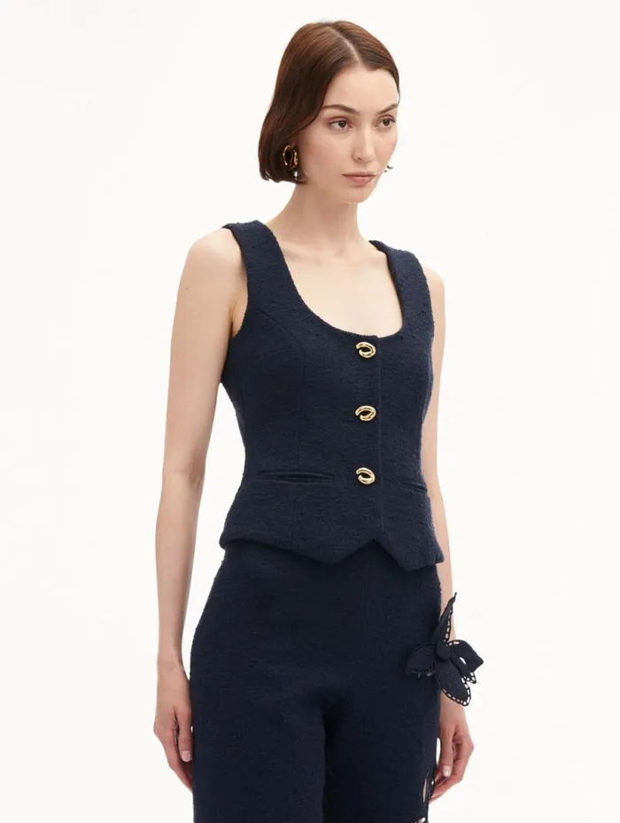 Women Oscar De La Renta Jackets and Coats O Button Cotton Tweed Vest Navy Women Oscar De La Renta Jackets and Coats O Button Cotton Tweed Vest Navy
