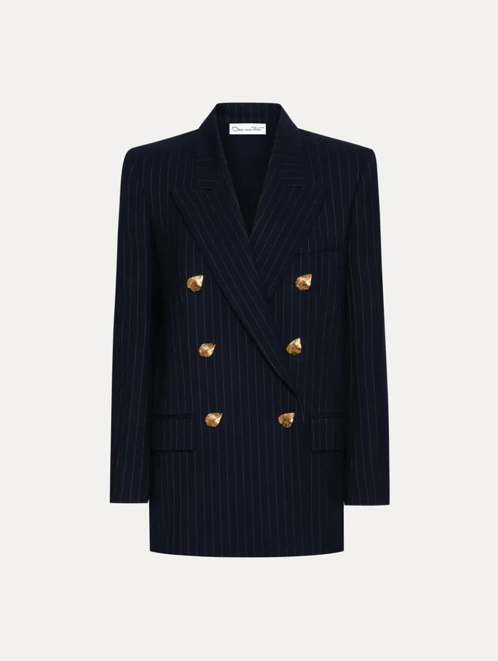 Women Oscar De La Renta Jackets and Coats Pinstriped DoubleBreasted Jacket Navy and White Women Oscar De La Renta Jackets and Coats Pinstriped DoubleBreasted Jacket Navy and White