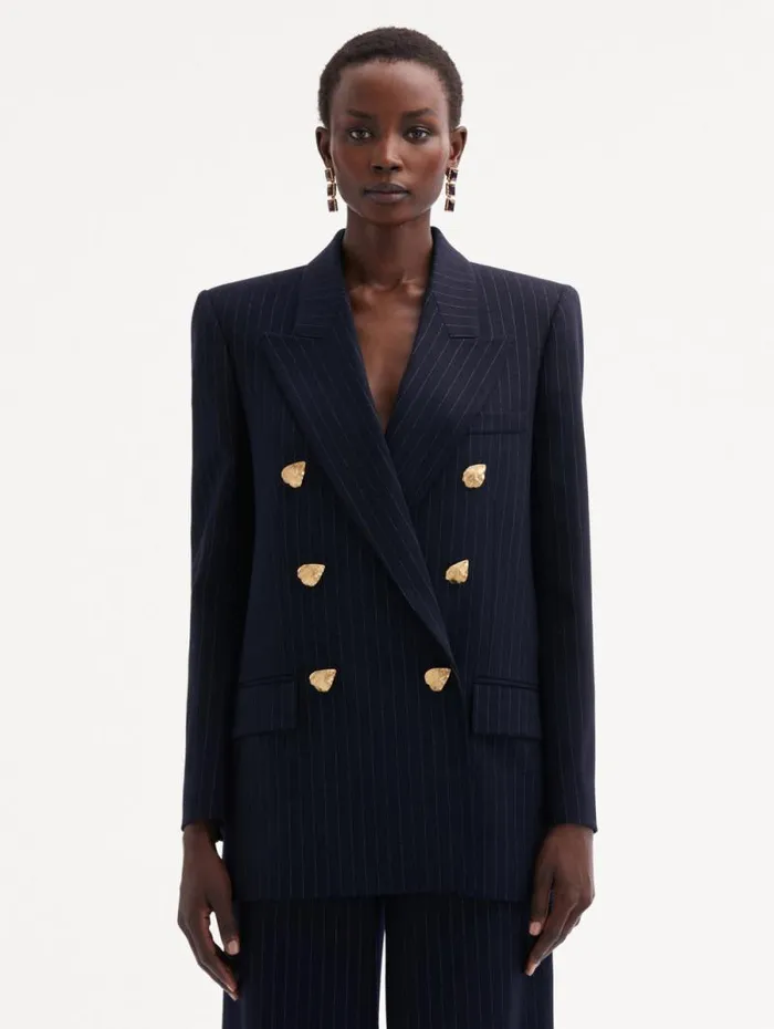 Women Oscar De La Renta Jackets and Coats Pinstriped DoubleBreasted Jacket Navy and White