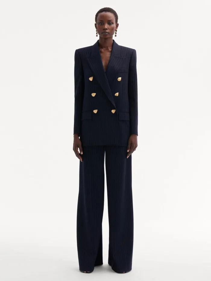 Women Oscar De La Renta Jackets and Coats Pinstriped DoubleBreasted Jacket Navy and White