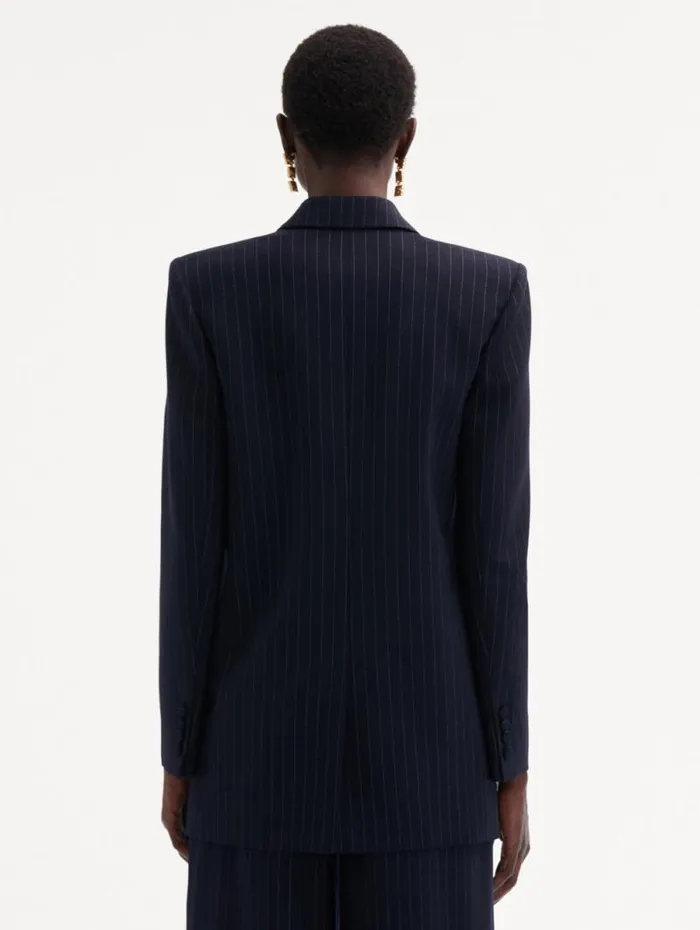 Women Oscar De La Renta Jackets and Coats Pinstriped DoubleBreasted Jacket Navy and White