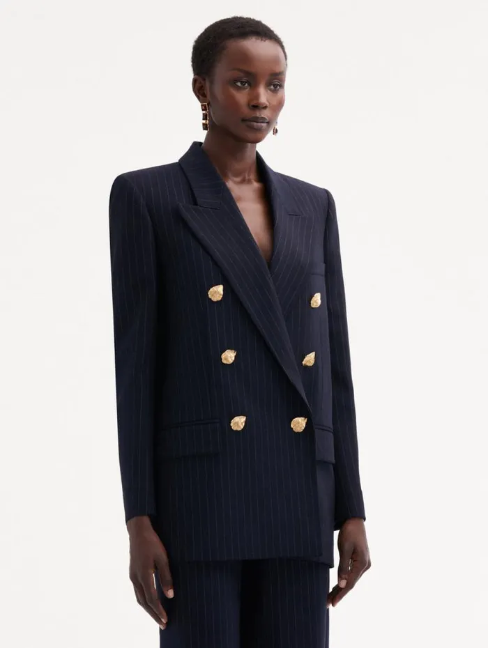 Women Oscar De La Renta Jackets and Coats Pinstriped DoubleBreasted Jacket Navy and White