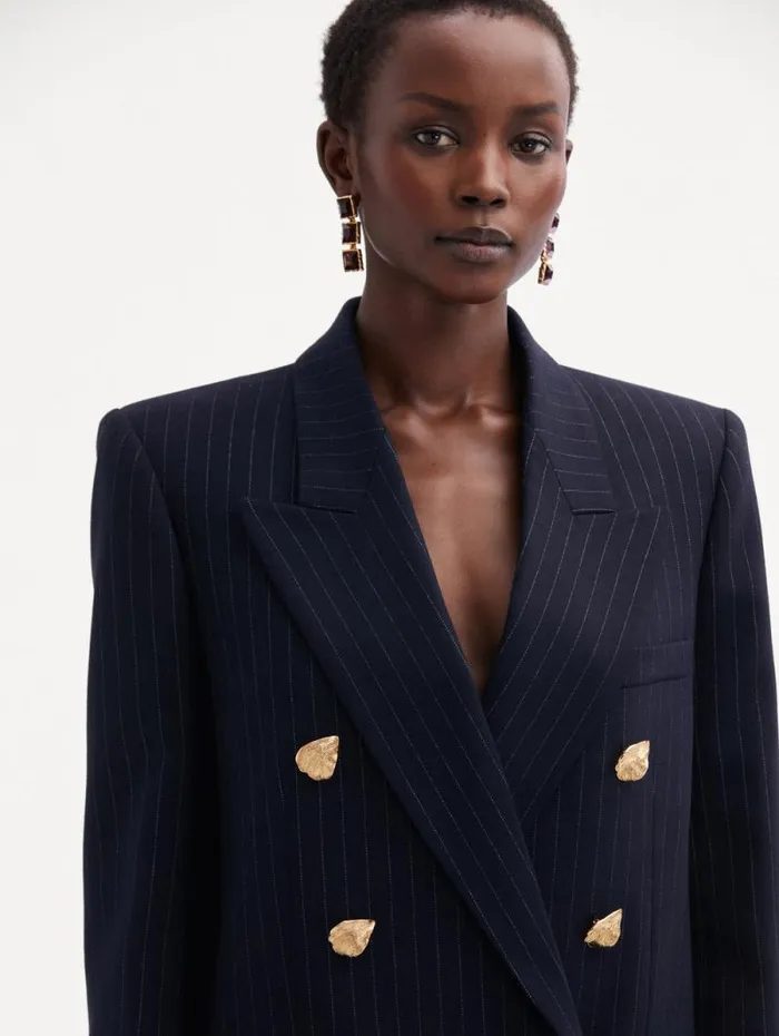 Women Oscar De La Renta Jackets and Coats Pinstriped DoubleBreasted Jacket Navy and White