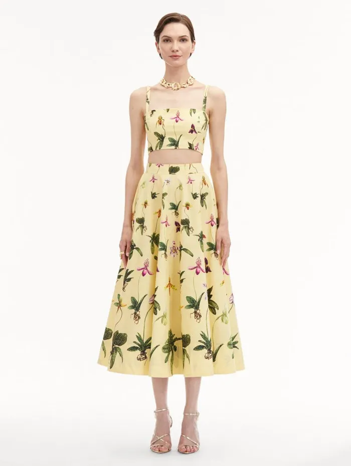 Women Oscar De La Renta Pants and Skirts Orchid Cotton Poplin Skirt Yellow Multi