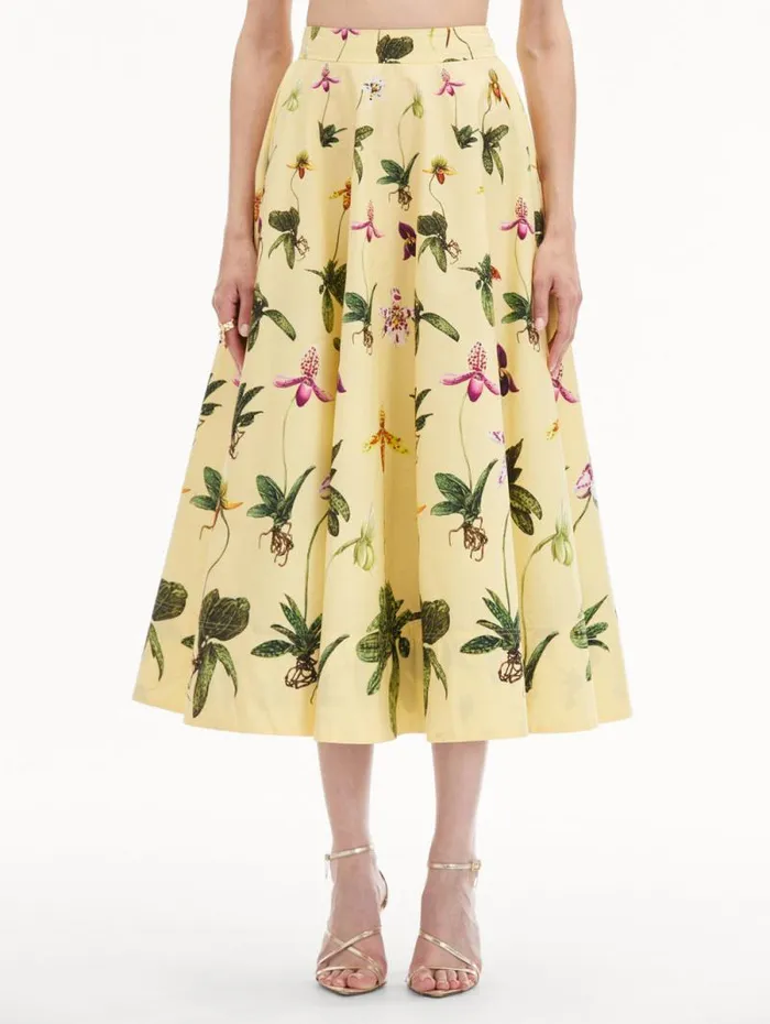 Women Oscar De La Renta Pants and Skirts Orchid Cotton Poplin Skirt Yellow Multi