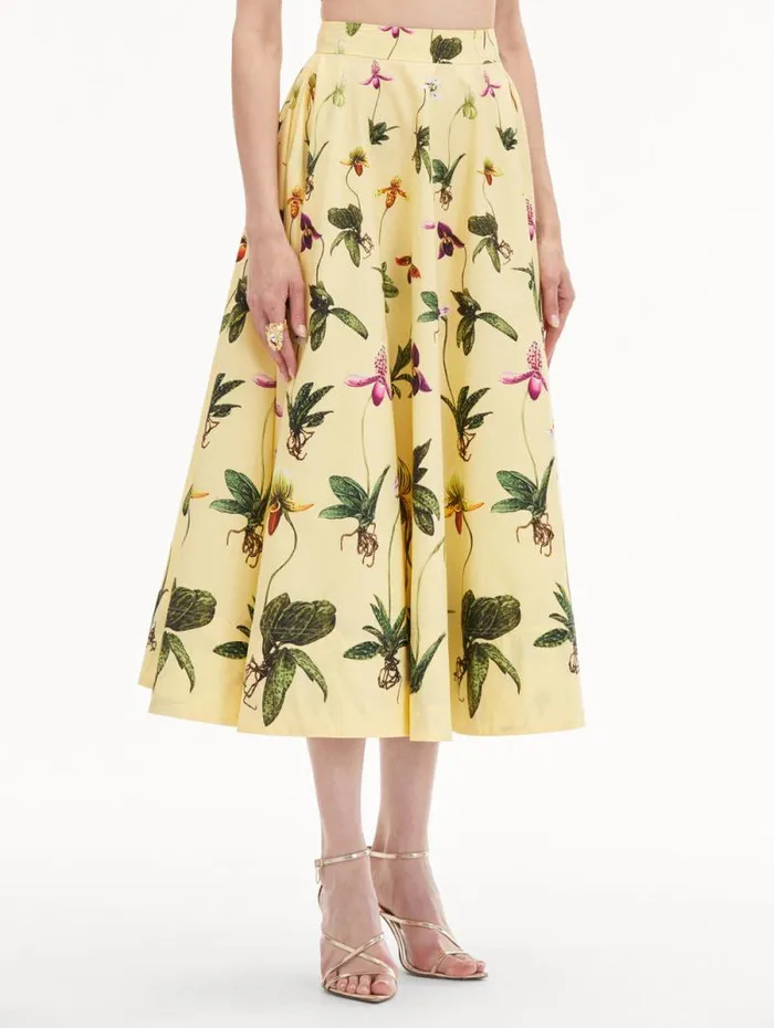 Women Oscar De La Renta Pants and Skirts Orchid Cotton Poplin Skirt Yellow Multi