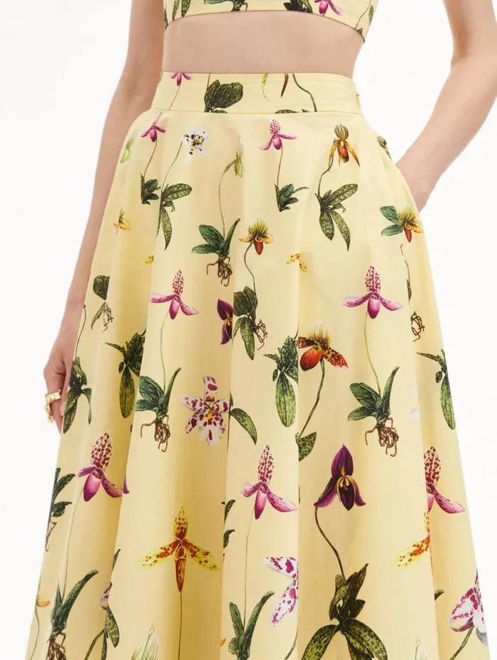 Women Oscar De La Renta Pants and Skirts Orchid Cotton Poplin Skirt Yellow Multi