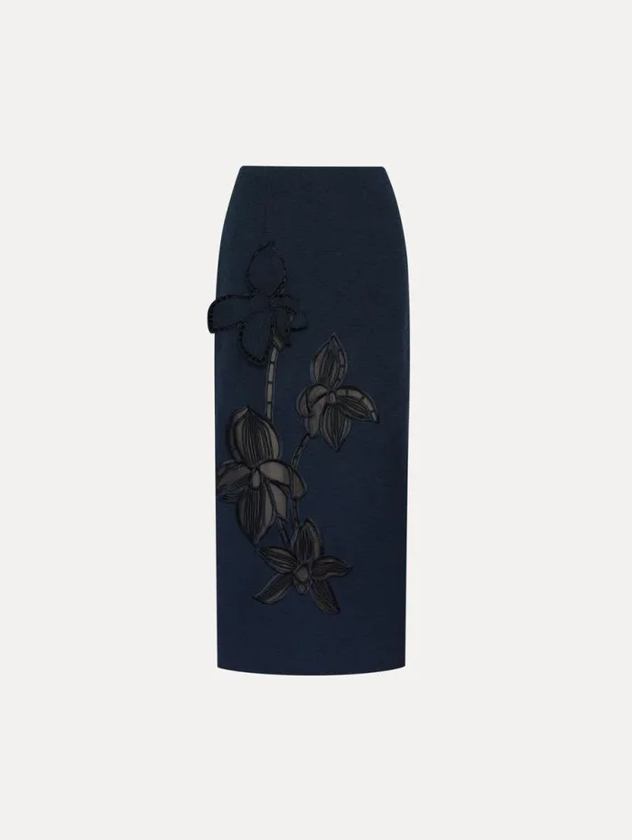 Women Oscar De La Renta Pants and Skirts Orchid Embroidered Tweed Skirt Navy
