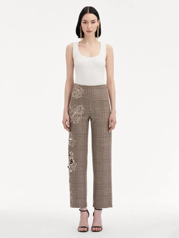 Women Oscar De La Renta Pants and Skirts Peony Guipure Appliqu Plaid Pant Cocoa Multi Women Oscar De La Renta Pants and Skirts Peony Guipure Appliqu Plaid Pant Cocoa Multi