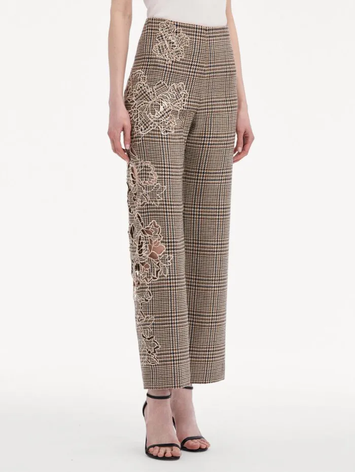 Women Oscar De La Renta Pants and Skirts Peony Guipure Appliqu Plaid Pant Cocoa Multi Women Oscar De La Renta Pants and Skirts Peony Guipure Appliqu Plaid Pant Cocoa Multi