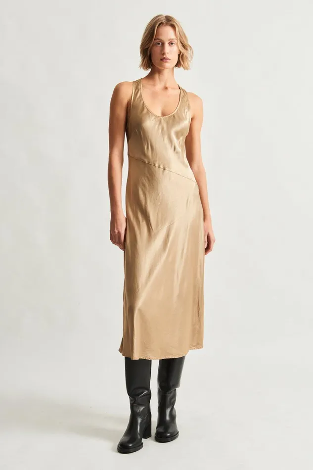 Women Pebble Satin Sand Valentina Midi Dress Raquel Allegra Tops