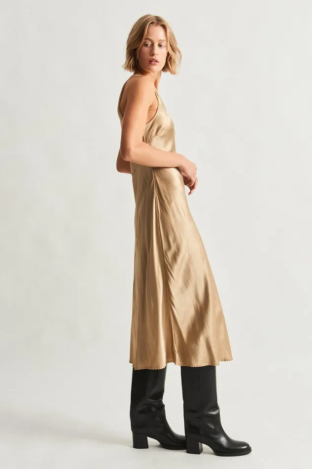 Women Pebble Satin Sand Valentina Midi Dress Raquel Allegra Tops