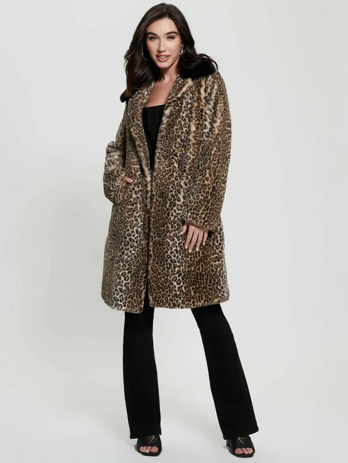 Women Petra FauxFur Leopard Coat Natural Leo Combo Jackets and Coats GUESS