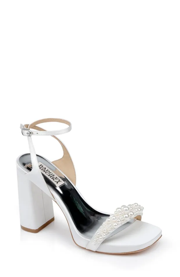 Women Platform Badgley Mischka Calida Satin Block Heels With Pearled Vamp Soft White