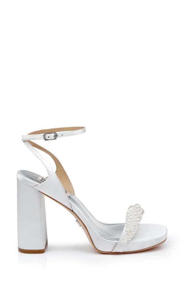 Women Platform Badgley Mischka Calida Satin Block Heels With Pearled Vamp Soft White