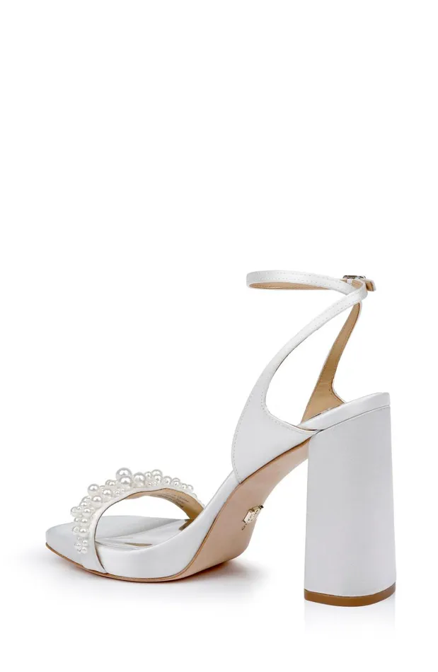 Women Platform Badgley Mischka Calida Satin Block Heels With Pearled Vamp Soft White