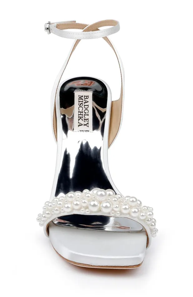 Women Platform Badgley Mischka Calida Satin Block Heels With Pearled Vamp Soft White