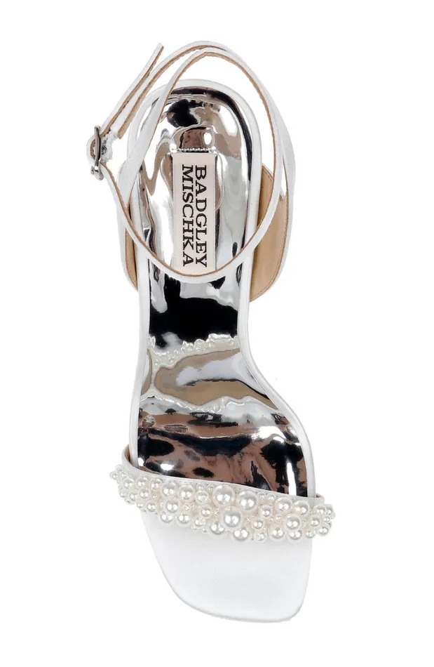 Women Platform Badgley Mischka Calida Satin Block Heels With Pearled Vamp Soft White
