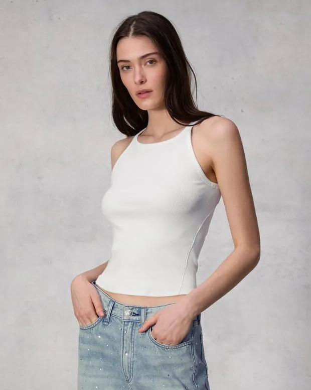 Women rag and bone Essential Rib String Tank BlackWhite TShirts