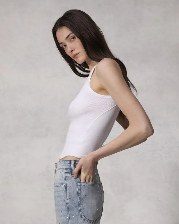 Women rag and bone Essential Rib String Tank BlackWhite TShirts