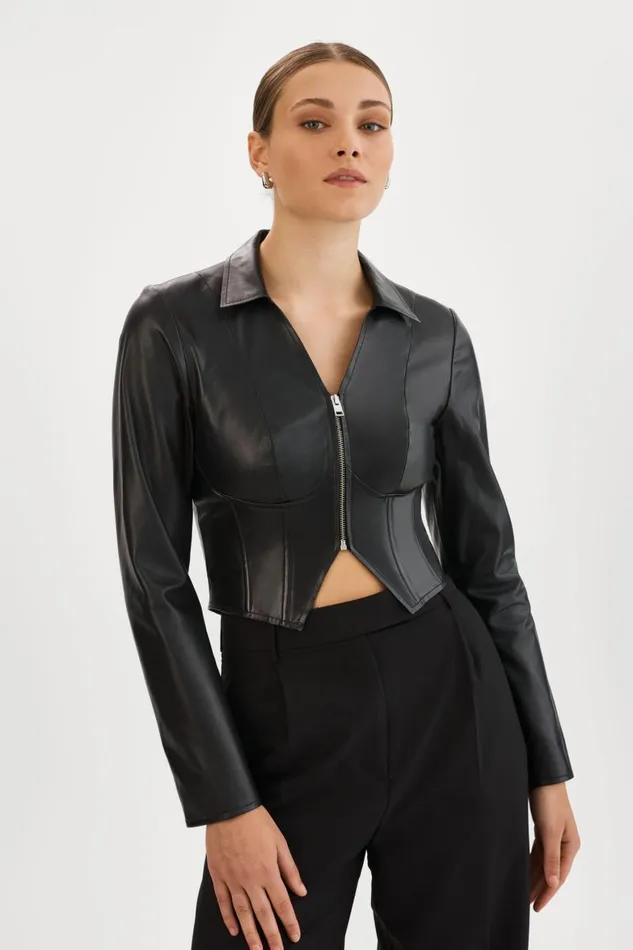 Women ROMI Leather Corset Jacket Black LAMARQUE Tops