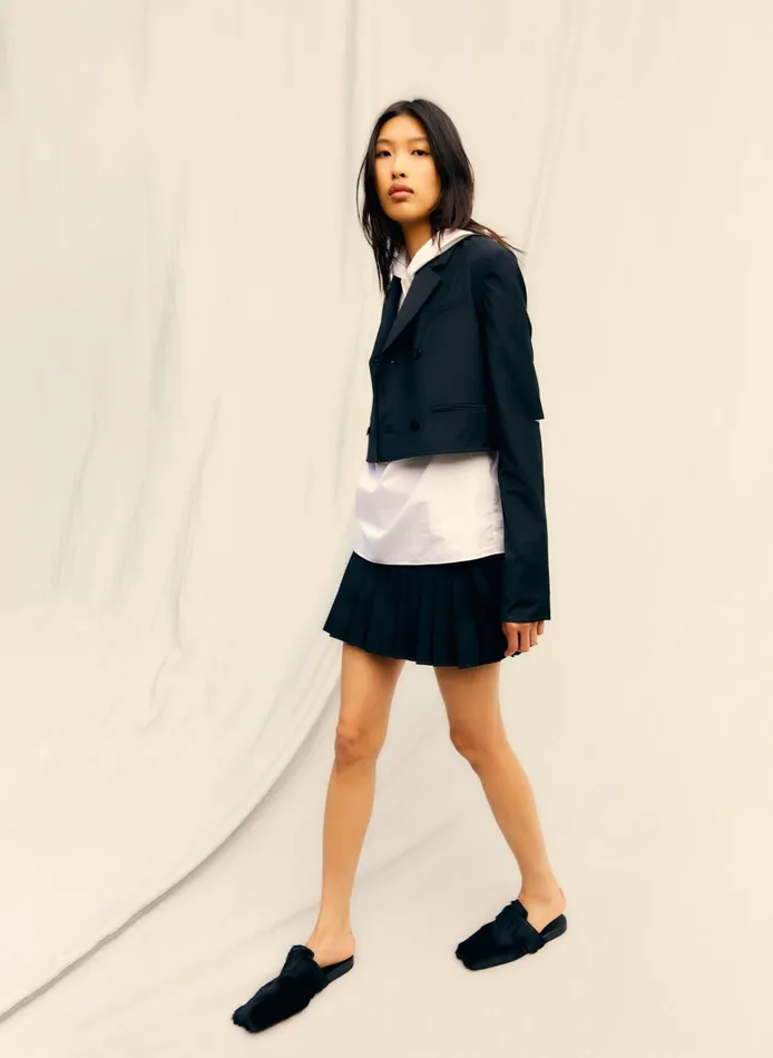 Women Tibi Jackets and Outerwear Tropical Wool Cropped Lean Double Breasted Shirt Jacket