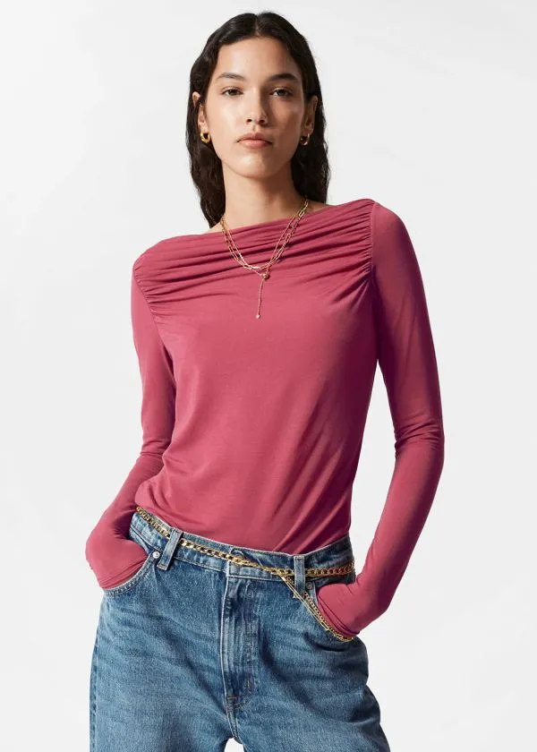 Women Tops and Tshirts and Other Stories Draped Boatneck Top Red