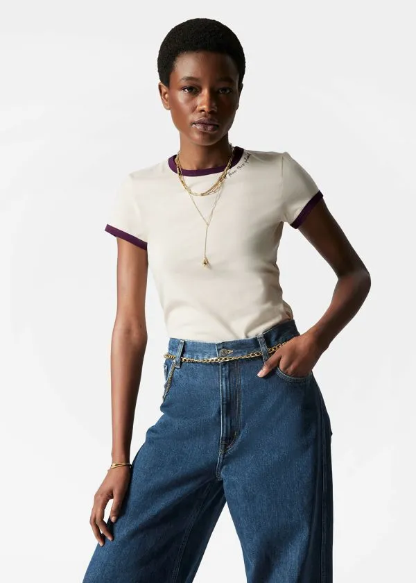 Women Tops and Tshirts and Other Stories Embroidery TShirt Creamandpurple