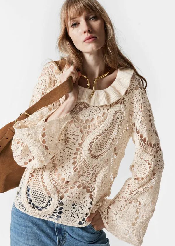Women Tops and Tshirts and Other Stories PaisleyCrochet Blouse Beige