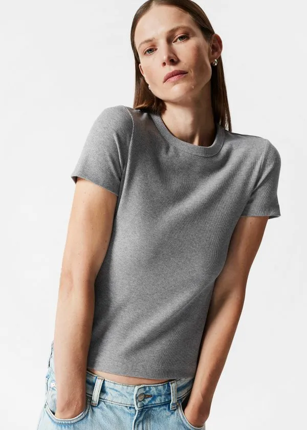 Women Tops and Tshirts and Other Stories Ribbed Cropped TShirt Grey Melange