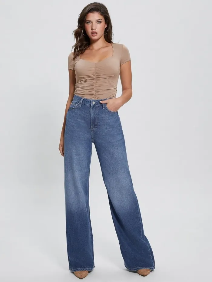 Women Tops GUESS Eco Rayla Ruched Top Silk Taupe Women Tops GUESS Eco Rayla Ruched Top Silk Taupe