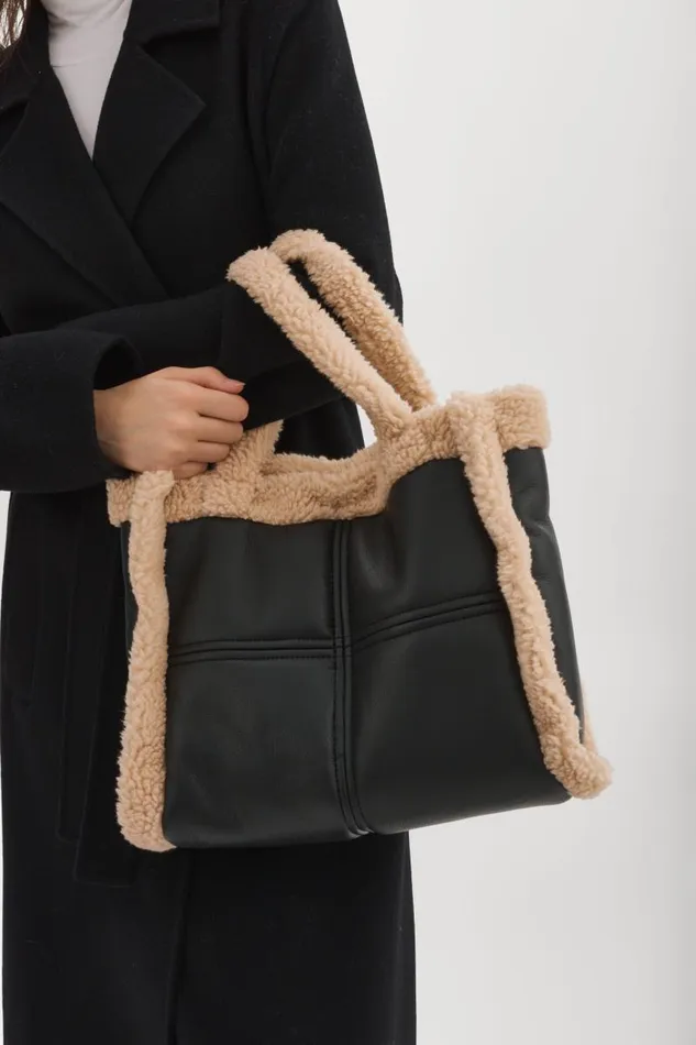 Women ZOEY Sherpa Leather Tote Blackivory LAMARQUE Bags Women ZOEY Sherpa Leather Tote Blackivory LAMARQUE Bags