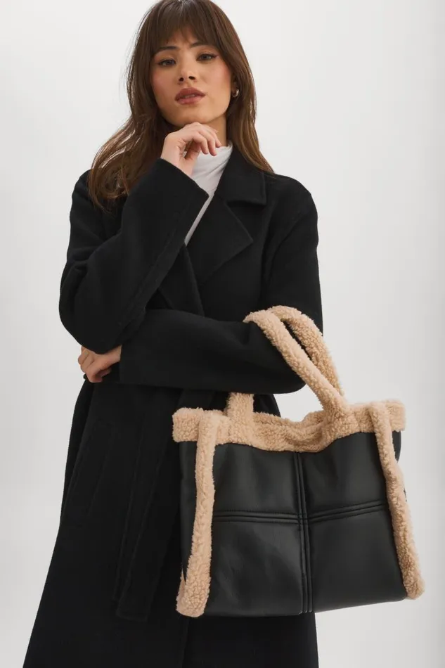 Women ZOEY Sherpa Leather Tote Blackivory LAMARQUE Bags Women ZOEY Sherpa Leather Tote Blackivory LAMARQUE Bags