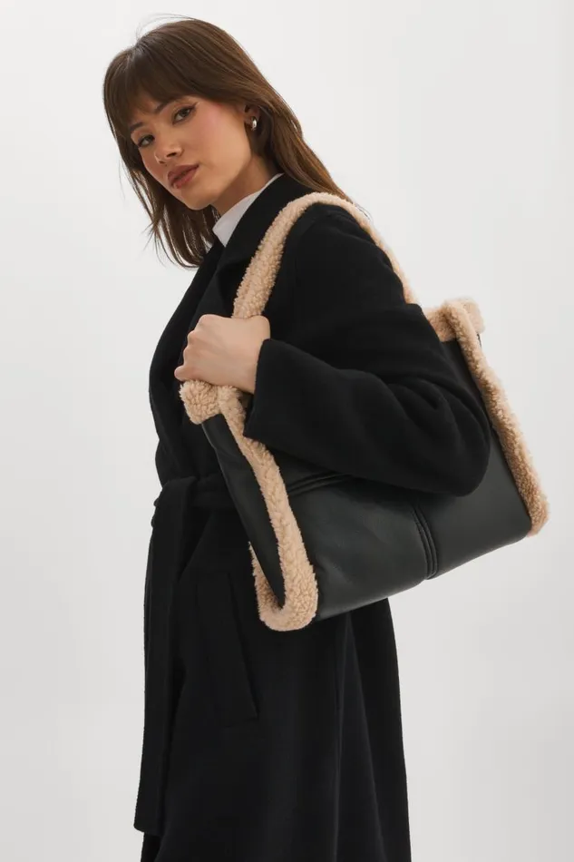 Women ZOEY Sherpa Leather Tote Blackivory LAMARQUE Bags Women ZOEY Sherpa Leather Tote Blackivory LAMARQUE Bags