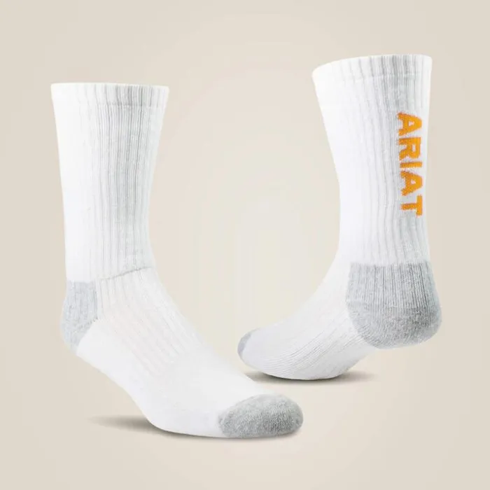 Workwear MenWomen Ariat Premium Ringspun Cotton Crew Work Sock 3 Pair Pack White